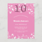 10th誕生日パーティーピンクの白い星の少女 インビテーションポストカード (正面)