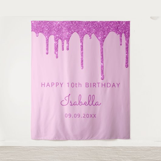 10th誕生日パーティーピンクグリッタードリップガール タペストリー (正面)