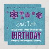 10th誕生日パープルフラワーズ名前をカスタムする 招待状 (正面/裏面)