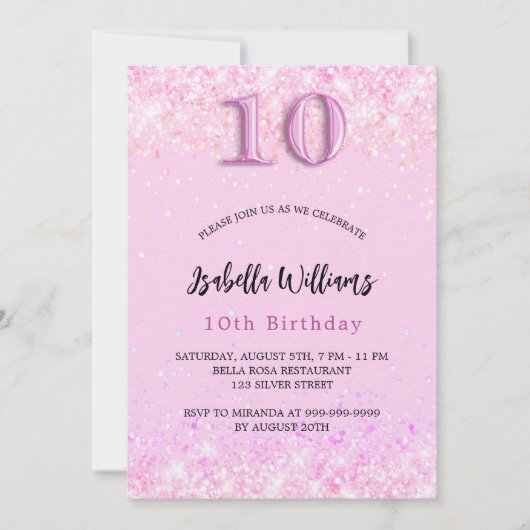 10th誕生日ピンクの紙吹雪ガールラグジュアリー 招待状 (正面)