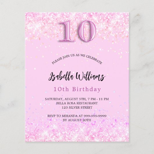 10th誕生日ピンクの紙吹雪女の子の予算招待 チラシ (正面)