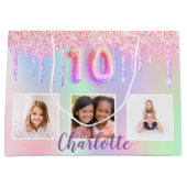 10th誕生日ピンク紫のグリッタードリップフォト ラージペーパーバッグ (正面)