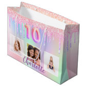 10th誕生日ピンク紫のグリッタードリップフォト ラージペーパーバッグ (正面アングル)