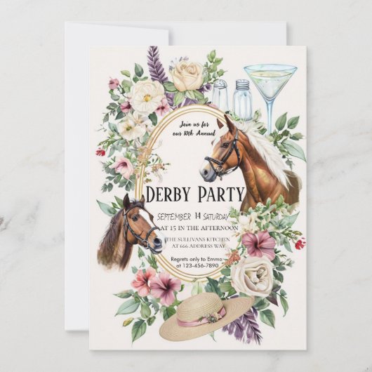 10th Annual Derby Party Invitation with Floral and 招待状 (正面)