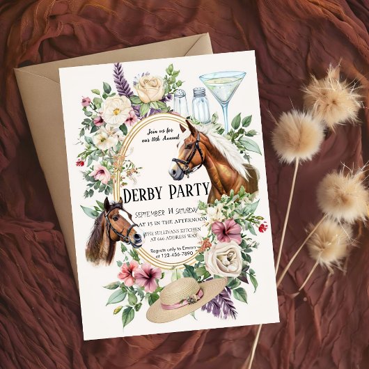 10th Annual Derby Party Invitation with Floral and 招待状