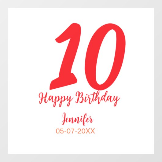 10th birthday add name date year redテンプレート ウィンドウサイン (シート)