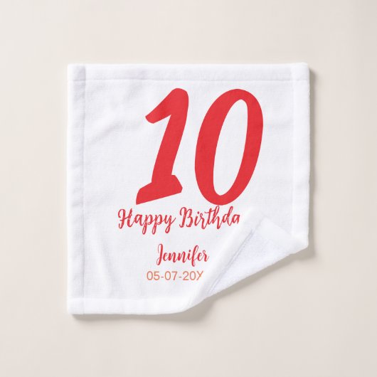 10th birthday add name date year redテンプレート ウォッシュタオル (ウォッシュタオル)
