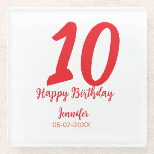 10th birthday add name date year redテンプレート ガラスコースター