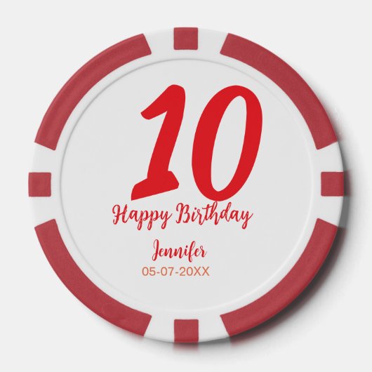 10th birthday add name date year redテンプレート ポーカーチップ (正面)