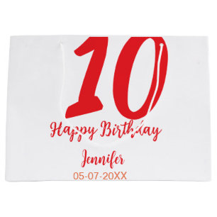 10th birthday add name date year redテンプレート ラージペーパーバッグ