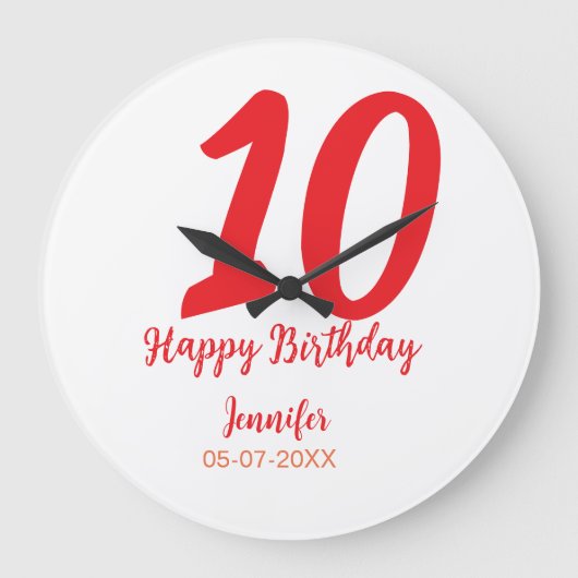 10th birthday add name date year redテンプレート ラージ壁時計 (正面)