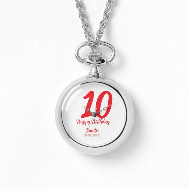 10th birthday add name date year redテンプレート 腕時計 (正面)