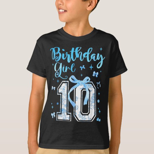 10th Birthday Girl Blue Toile Coquette Bow 10 Year Tシャツ (正面)