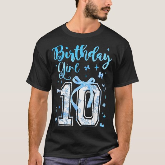 10th Birthday Girl Blue Toile Coquette Bow 10 Year Tシャツ (正面)