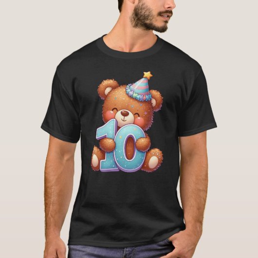 10th Birthday Happy Birthday Brown Teddy Bear Tシャツ (正面)