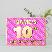 10th Birthday Party —おもしろいピンクのハートとストライプ 箔招待状 (立ち正面)