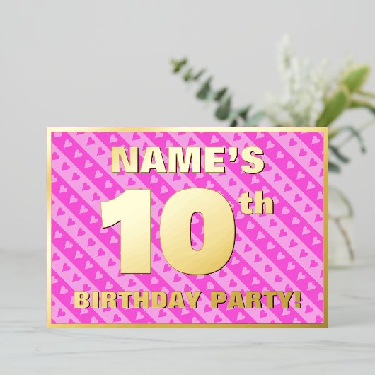 10th Birthday Party —おもしろいピンクのハートとストライプ 箔招待状 (立ち正面)