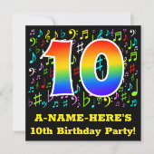10th Birthday Party:おもしろいミュージックシンボルRainbow 10 招待状 (正面)