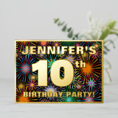 10th Birthday Party —おもしろい、カラフルFireworks Look 箔招待状 (立ち正面)