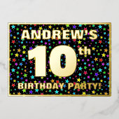 10th Birthday Party —おもしろい、スターカラフルズ・パターン 箔招待状 (正面)