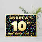 10th Birthday Party —おもしろい、スターカラフルズ・パターン 箔招待状 (立ち正面)