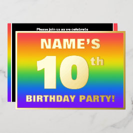 10th Birthday Party:おもしろい、レインボーカラフルパターン 箔招待状