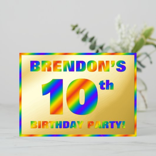 10th Birthday Party —おもしろい、レインボースペクトル「10」 箔招待状 (立ち正面)