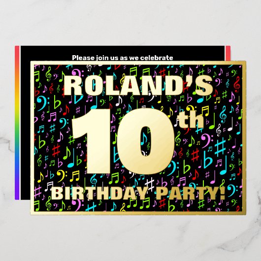 10th Birthday Party —おもしろい、音楽シカラフルンボル 箔招待状 (正面/裏面)