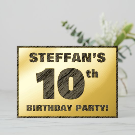 10th Birthday Party — はっきりしたウッドグレインフェイク文字F 箔招待状 (立ち正面)