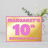 10th Birthday Party — はっきりした、おもしろい、ピンクストライプ色10 箔招待状 (立ち正面)