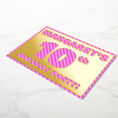 10th Birthday Party — はっきりした、おもしろい、ピンクストライプ色10 箔招待状 (回転した状態)