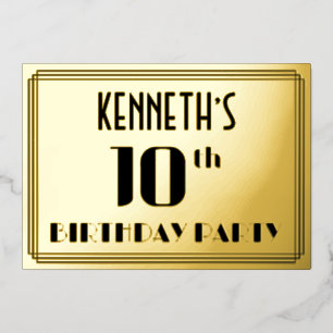 10th Birthday Party:アールデコ「10」と名前 箔招待状