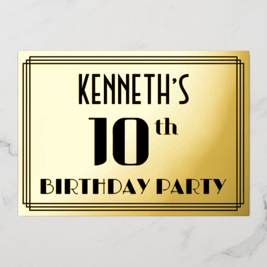 10th Birthday Party:アールデコ「10」と名前 箔招待状 (正面)