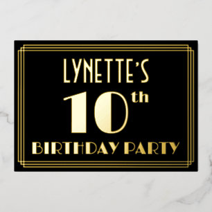 10th Birthday Party:アールデコ「10」、名前つき 箔招待状