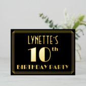 10th Birthday Party:アールデコ「10」、名前つき 箔招待状 (立ち正面)