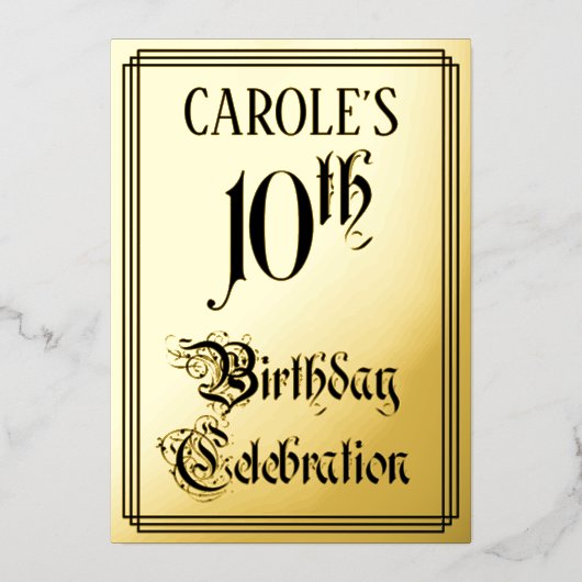 10th Birthday Party – スクリプエレガントト+名前をカスタムする 箔招待状 (正面)