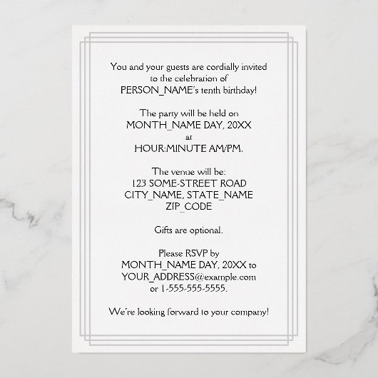 10th Birthday Party – スクリプファンシートと名前をカスタムする 箔招待状 (裏面)