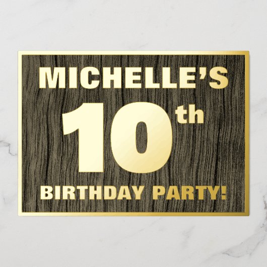 10th Birthday Party: Bold, Faux Wood Grain Pattern 箔招待状 (正面)