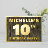 10th Birthday Party: Bold, Faux Wood Grain Pattern 箔招待状 (立ち正面)