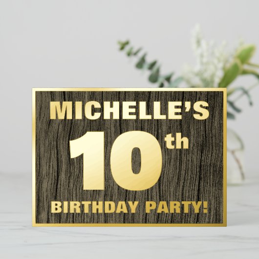 10th Birthday Party: Bold, Faux Wood Grain Pattern 箔招待状 (立ち正面)