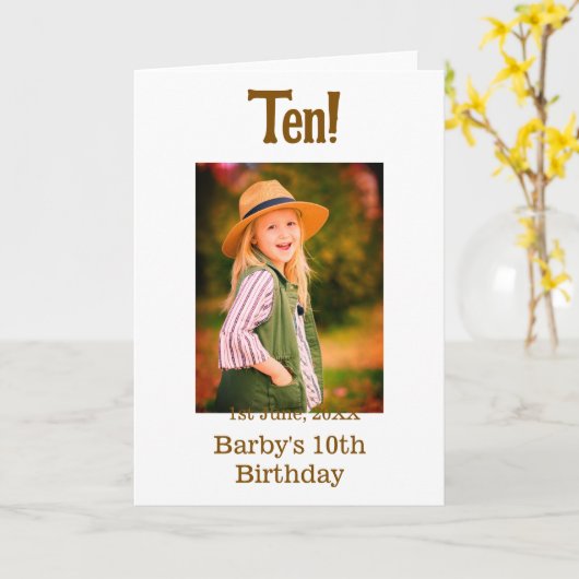 10th birthday photo name date simple brown beige b カード (黄色い花)