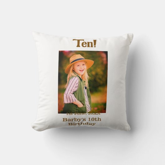 10th birthday photo name date simple brown beige b クッション (正面)