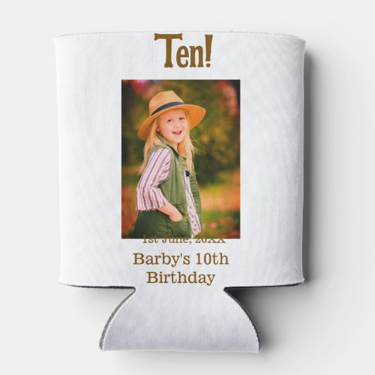 10th birthday photo name date simple brown beige b 缶クーラー (裏面)