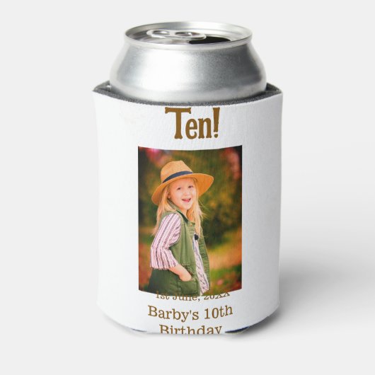 10th birthday photo name date simple brown beige b 缶クーラー (缶裏面)