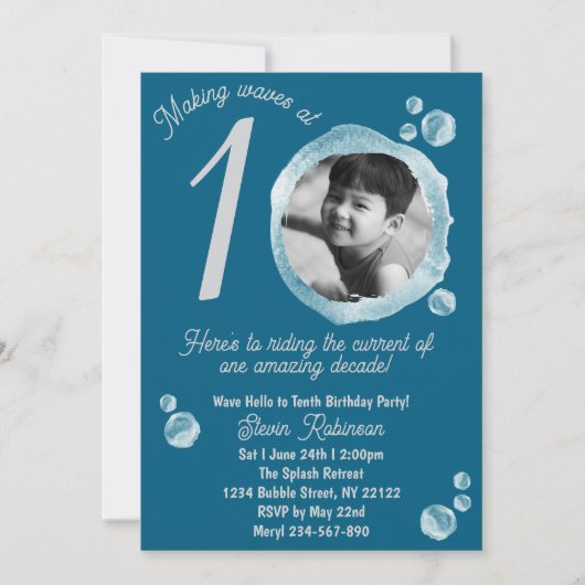 10th Dark Teal Bubble Birthday Party Invitation 招待状 (正面)