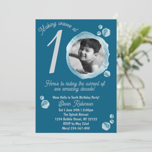 10th Dark Teal Bubble Birthday Party Invitation 招待状 (スタンド正面)