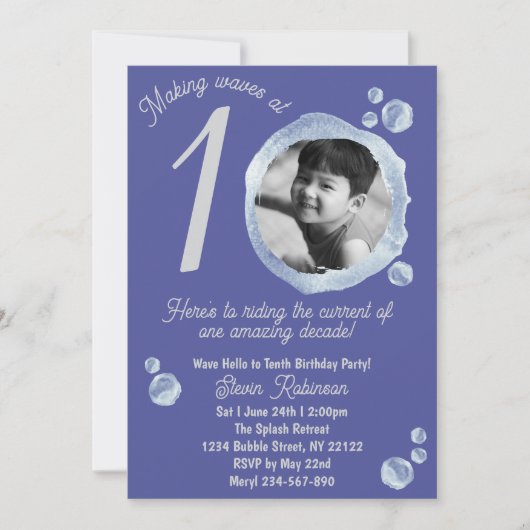 10th Indigo Blue Bubble Birthday Party Invitation 招待状 (正面)