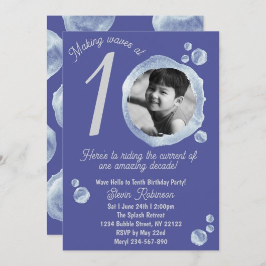 10th Indigo Blue Bubble Birthday Party Invitation 招待状 (正面/裏面)
