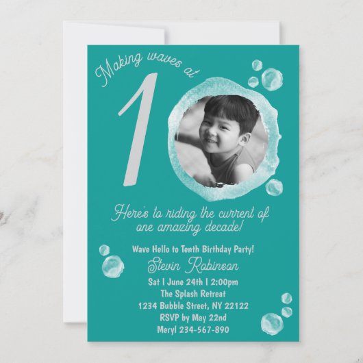 10th Ocean Teal Bubble Birthday Party Invitation 招待状 (正面)
