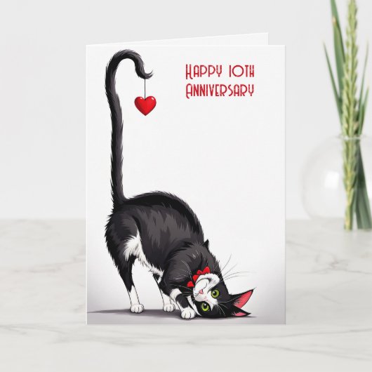10th Wedding Anniversary Cat With Red Heart カード (正面)